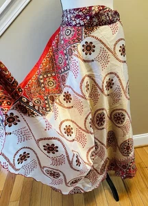 Wevez Wrap Skirt Womens XL Red Floral Sari Silk Reversible Boho Maxi Long Tie - Picture 1 of 5