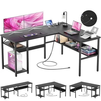 Reversible L Shaped Computer Desk with Power Outlets and USB Charging Ports, ... - Image 1 of 4