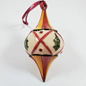 Vintage Weihnachten Keramik Ornament Stechpalme Blatt Rautenform rot/gelb gestreifte Enden - Bild 1 von 6