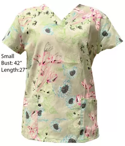 Women's Fashion Medical Nursing Scrub Tops Light Green Base Flowers Small - Picture 1 of 2