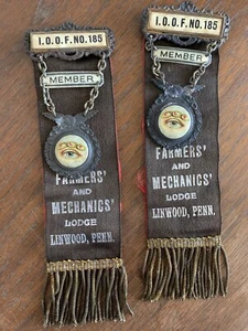 2 Antique IOOF ODD FELLOWS LODGE MEMBER BADGE 185 Linwood PA Metal Celluloid Pin - Picture 1 of 8