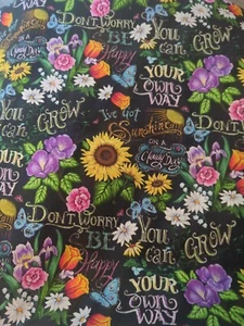 I've Got Sunshine Floral On Black 100% Cotton Quilt Craft Fabric 1-1/2 Yds  - Picture 1 of 2