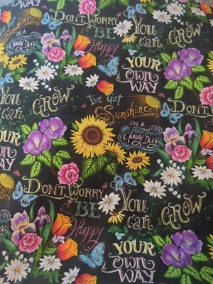 I've Got Sunshine Floral On Black 100% Cotton Quilt Craft Fabric 1-1/2 Yds  - Image 1 of 2