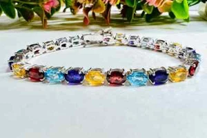 925 Stirling Silver Simulated Multicolor Gemstone Men's & Women's Bracelet - Picture 1 of 9