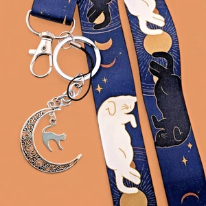 LUNAR CATS LANYARD witchy night sky neck strap & crescent moon key ring goth 1W - Picture 1 of 4