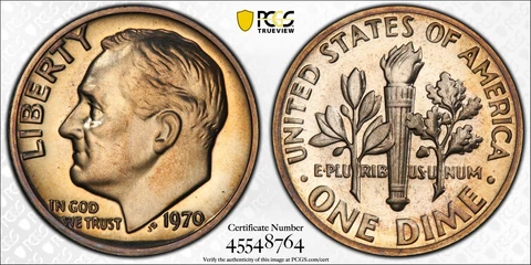 1970 P Dimes Roosevelt PCGS PR-67 No S Cover