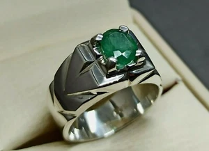Natural 2 Carat Rich Green Zambian Emerald Sterling Silver 925 Handmade Men Ring - Picture 1 of 12