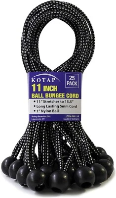 Kotap 11" Ball Bungee Cords, Heavy-Duty Tarp Tie-Down, Black, 25-Pack - Image 1 of 4