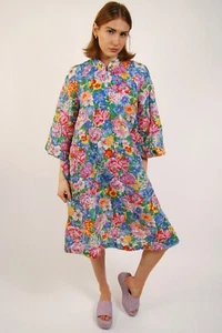 60s Tent Dress (OS) vintage blue floral midi caftan house coat smock muu muu 70s - Picture 1 of 8