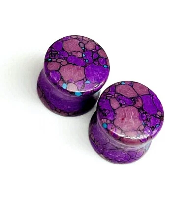 Purple Mix Turquoise Plugs, Double Flare Earplugs,Handmade Pair Size 3mm to 50mm - Image 1 of 4