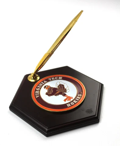 Virginia Tech Hokies Desk Ballpoint Pen Holder & Metal Emblem Plaque Cover