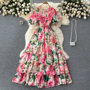 Elegant Temperament Dress Women's V-neck Flared Sleeve Chiffon Printing - Picture 1 of 7