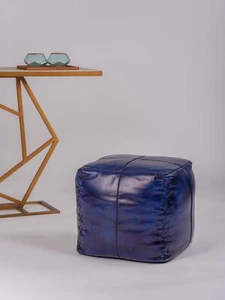 BBH HOMES HANDMADE ECOFRIENDLY SQUARE SHAPE STUFFED BUFFALO LEATHER VINTAGE BLUE - Picture 1 of 28