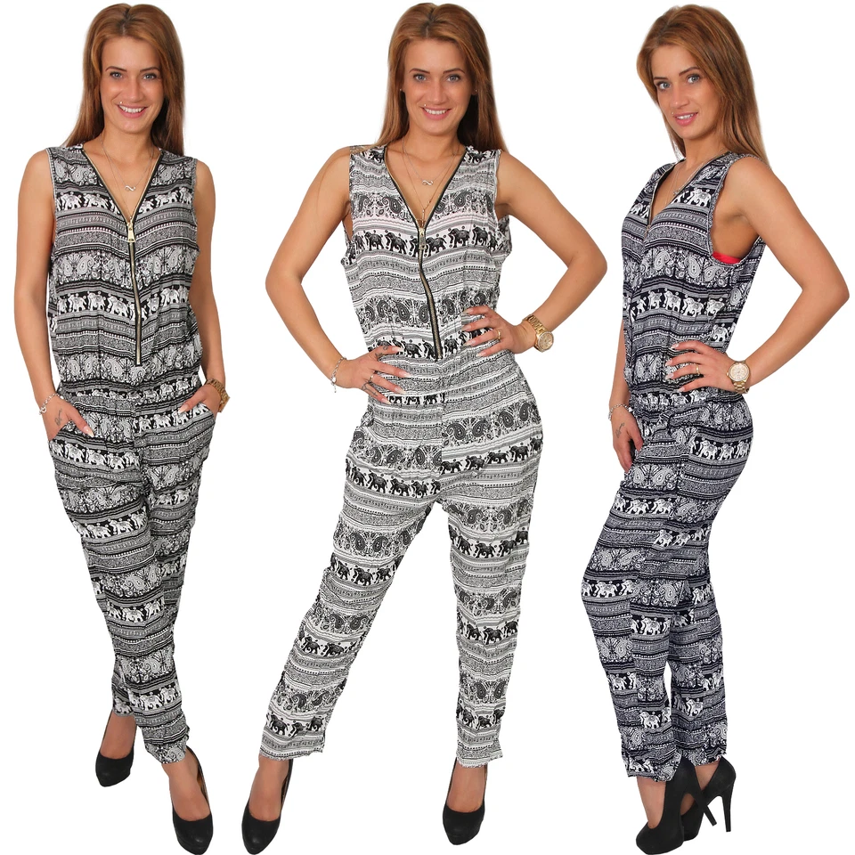 Overall Jumpsuit Einteiler Hosen Anzug Elefant Aztec Reißverschluss Stretch - Bild 1 von 1