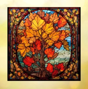 Fall Leaves & Tree Faux Stained-Glass WINDOW CLING Size 8" Vinyl - Picture 1 of 1