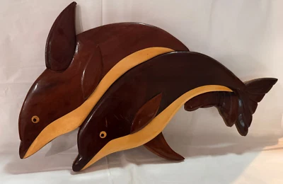 Vtg Vietnam Hand Carved Two Tone Dolphins Hanging Wall Decor 16" - Image 1 of 4