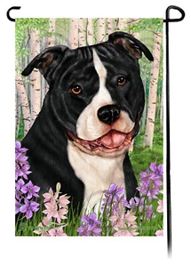 Spring Flowers Garden Flag - Uncropped Black and White Pit Bull Terrier - Picture 1 of 1