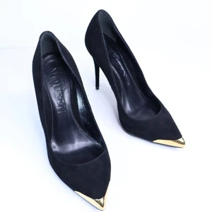 ALEXANDER MCQUEEN Gold Capped Suede Pumps Black Pointed Toe Women's 35.5/US 5.5 - Picture 1 of 10