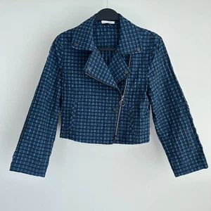 Akris Punto Blazer Jacket Womens 2 Blue Black Check Seersucker Crop Biker Mod - Picture 1 of 14