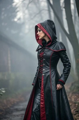 Gothic Black & Red Hooded Leather Coat – Women’s Long Steampunk Trench Jacket — 第 1/2 张图片