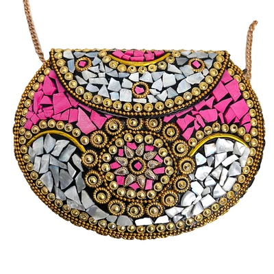 NEW Ramla Beverly Hills Pink White Mosaic Handcrafted Handbag Crossbody Morocco - Image 1 of 4