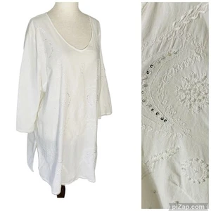 VINTAGE 90s CZ Plus Size 1X 16 18 White Embroidered Beaded Coverup Tunic Top - Picture 1 of 9