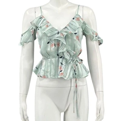 Top para mujer Astr The Label XS verde floral envolvente volantes puro hombro frío boho Foto 1 de 4