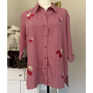 Vintage Allison Daley Women's Top Button Cherry Checkered Red & White Size 12P - Picture 1 of 13