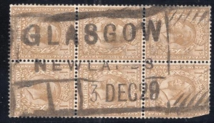 GB 1924 George V one shilling bister-brown perf 15 X 14 block of 6 glasgow parc - Picture 1 of 2