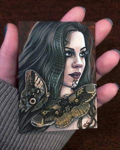 Giant Owl Moth ORIGINAL ACEO PAINTING Acrylic Gouache Woman Portrait Moths Fall - Picture 1 of 2