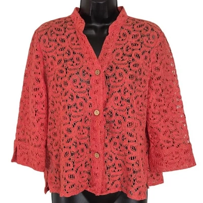 Ruby Rd. Chaqueta Petite Coral Encaje Botón Delantero Manga 3/4 Talla 10P Foto 1 de 4