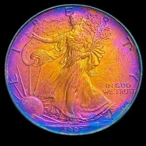 Moneda de 1 dólar American Silver Eagle 1993 sin circular 1 oz .999 Monster tono arco iris - Imagen 1 de 12