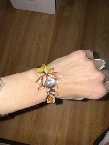 Vintage Armband 70er Jahre Monet rosa Emaille Lotusblume Schmetterling - Bild 1 von 5
