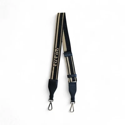Prada Black and Beige bag strap with silver-tone hardware and embroidered logo - Image 1 of 4