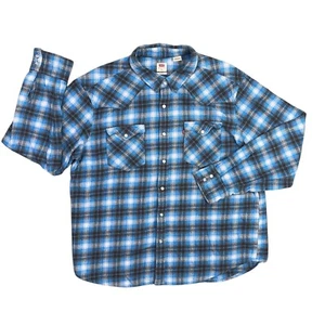 Levis Western Flannel Shirt Mens XL Blue Plaid Pearl Snap Cowboy Heavyweight - Picture 1 of 14