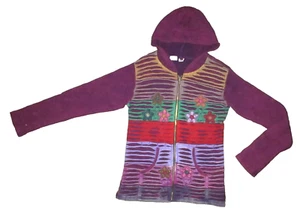 PURPLE slashed razor cut cotton L/S NEPAL Hippie Boho Hoodie Jacket size M/L #2 - Picture 1 of 8
