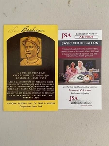 1970 YELLOW HOF PLAQUE LOU BOUDREAU SINGLE SIGNED AUTOGRAPH INDIANS JSA COA  - Picture 1 of 3