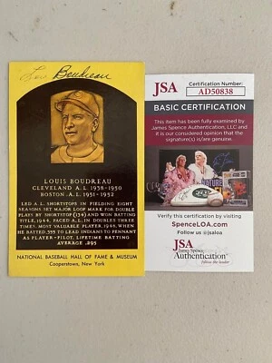 1970 YELLOW HOF PLAQUE LOU BOUDREAU SINGLE SIGNED AUTOGRAPH INDIANS JSA COA  - Image 1 of 3