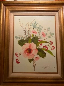 Vintage rosa Blumen Floral Stillleben Gemälde signiert Gold vergoldet Holzrahmen 23x20" - Bild 1 von 11