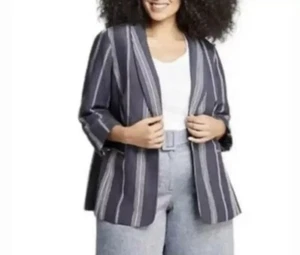 Lane Bryant The Bryant Blazer Linen Navy Blue Striped Jacket Womens 26 - Picture 1 of 6