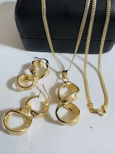18K 750 Fine Real Gold 21.5”/22” long Infinity Set Earring & Necklace 2mm 6.7g - Picture 1 of 24