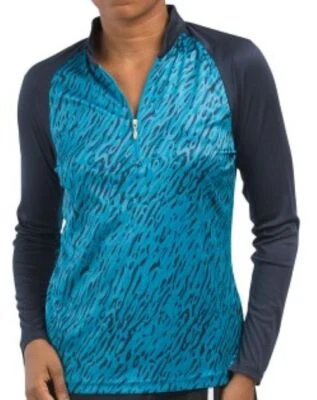 NWT Ladies GREG NORMAN Teal & Navy Zebra Long Sleeve Mock Golf Shirt S M L & XL - Image 1 of 2