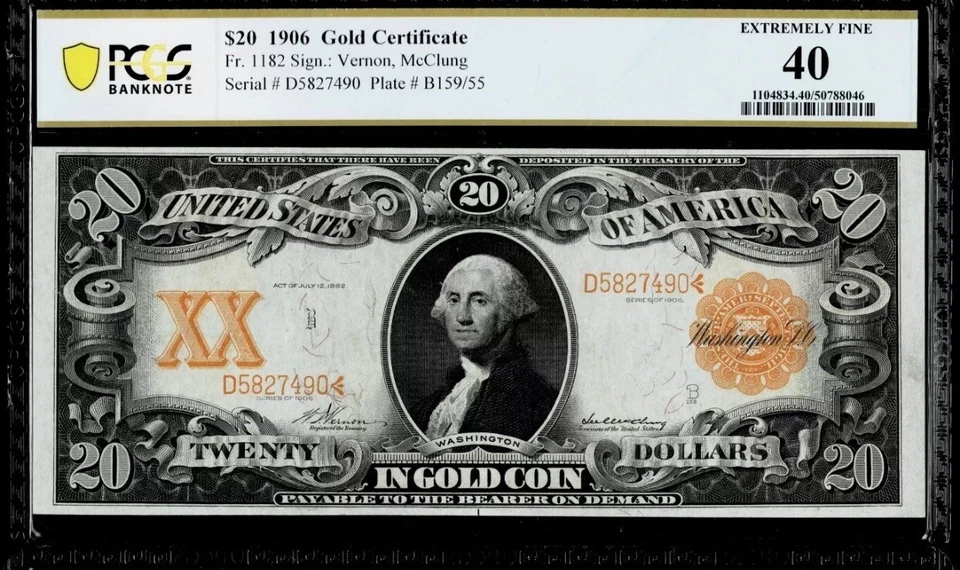 1906 $20 GOLD CERTIFICATE PCGS CHOICE VERY FINE 40 - Image 1 of 2