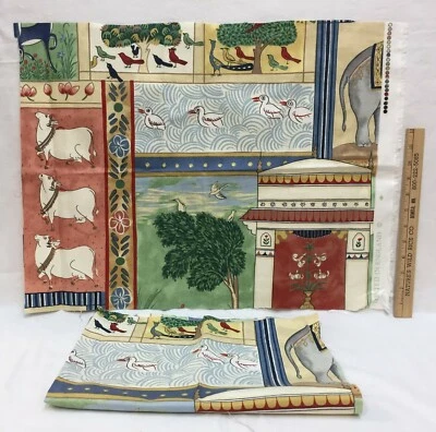 Tela India Verano Mezcla Algodón Pájaros Vacas Tienda Árboles Artesanía Almohada Med Light  Foto 1 de 2