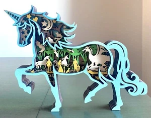 Fantasy Teal Unicorn Wooden 3D Shadow Box Medieval Scene Diorama Wood Figure NIB - Picture 1 of 6