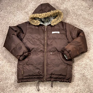 Mecca Jacket Kids Large 14 16 Brown Puffer Parka Reversible Hooded Fur Trim Y2K - Picture 1 of 15