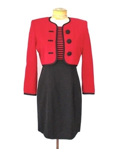 Vtg 80s Red Black Stripe 2-Pc Crop Jacket Dress Secretary Suit Big Shoulders 4P - Picture 1 of 11