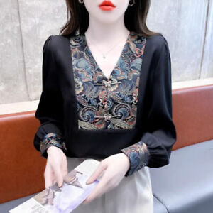 Women Faux Silk Satin Shirt Blouse Tops Retro Chinese Ethnic V Neck Pullover