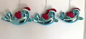 Set of 3 Seals w/Santa hat & Present Glitter Christmas Ornament 5" long - Picture 1 of 3