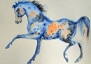 Signed Original watercolor painting ,equine,blue Horse running art,equestrian - Picture 1 of 8